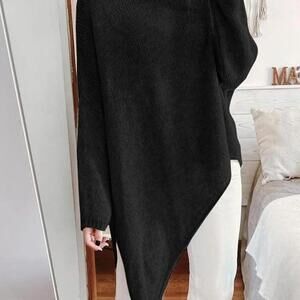 Women’s Black Turtleneck Asymmetrical Hem Sweater L